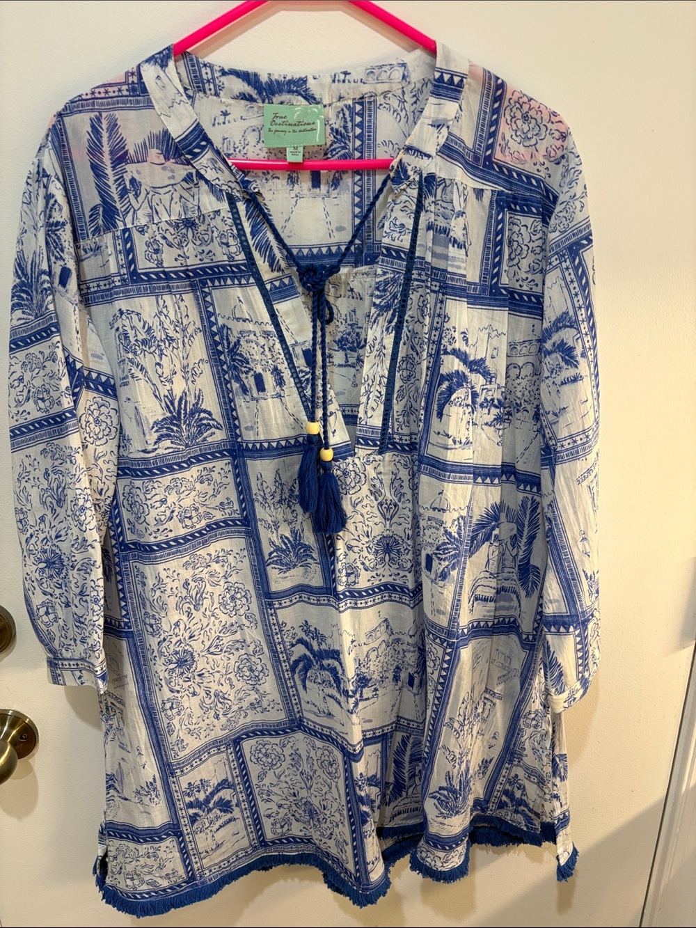 Blue & White Printed Women's Swim Coverup Tunic - Tassel Detail